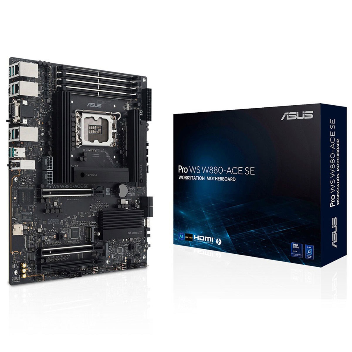 Yüksek kaliteli ASUS Pro WS W880-ACE SE masaüstü anakart ve kutusu, profesyonel düzeyde performans ve dayanıklılık sunar, özellikle oyun ve iş istasyonları için ideal.