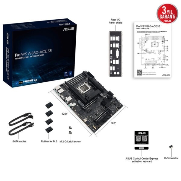 Görüntüde Asus Pro WS W880-ACE SE ana anakart ve bileşenleri, teknik özellikleri ve kurulum detayları yer almaktadır. Modern oyun ve iş istasyonu bilgisayarı yapılandırması için optimize edilmiş yüksek performanslı anakartın açıklamaları, bağlantı noktaları ve montaj parçalarıyla birlikte gösterilmektedir. Ayrıca, ürün kutusu, kullanım kılavuzu ve montaj talimatları da bulunmaktadır.