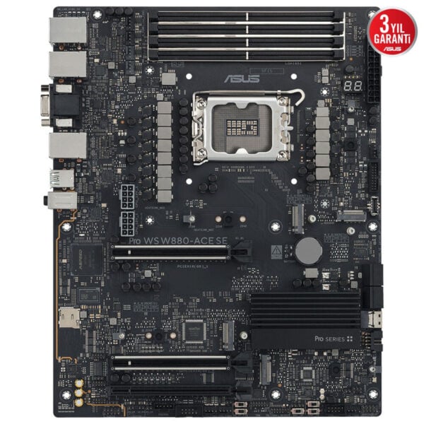 Yüksek kaliteli ASUS anakart, Pro WS W880-ACESE model, sağlam ve güvenilir oyun ve tasarım performansı için ideal, gelişmiş soğutma ve geniş bağlantı seçenekleri içerir.