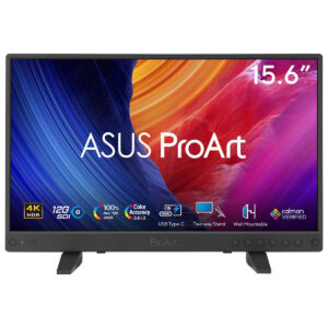 Yüksek çözünürlüklü ASUS ProArt 15.6 inç ekran monitör, renk doğruluğu ve 4K HDR desteği ile profesyonel grafik ve video düzenleme için ideal.