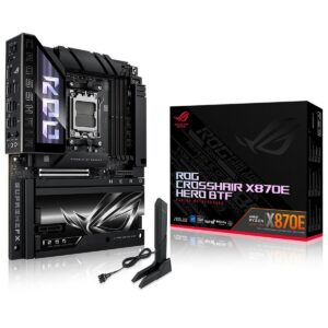 Gelişmiş oyun bilgisayarı anakart ve ekran kartı kutusu, yüksek performanslı ROG Crosshair X870E HERO BT ve AMD Ryzen X870E işlemci, oyun ve overclock odaklı özellikler.