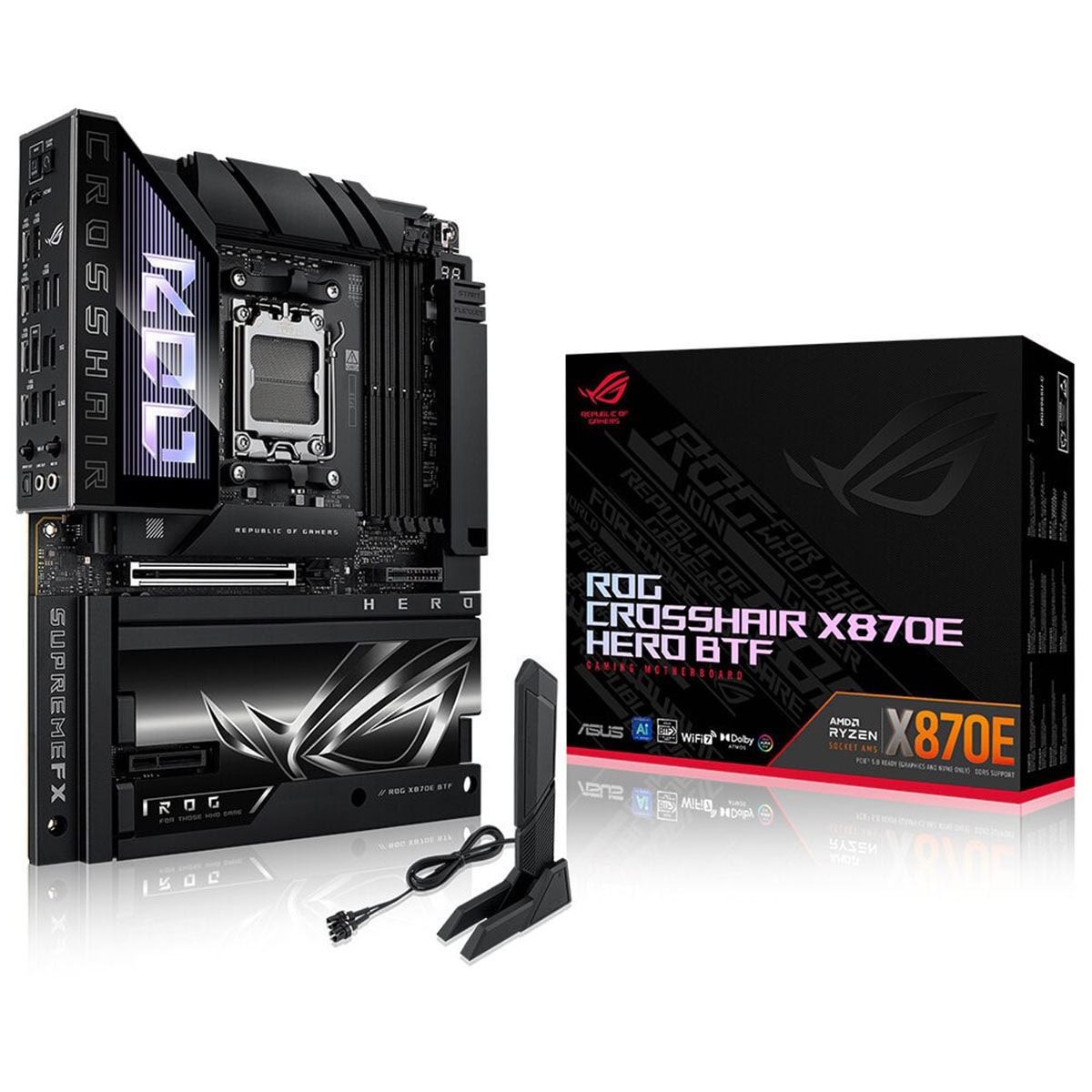 Gelişmiş oyun bilgisayarı anakart ve ekran kartı kutusu, yüksek performanslı ROG Crosshair X870E HERO BT ve AMD Ryzen X870E işlemci, oyun ve overclock odaklı özellikler.