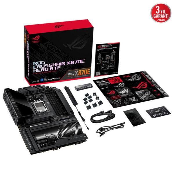 Yüksek performanslı ASUS ROG Crosshair X870E Hero Anakart, oyun ve yüksek teknolojik ihtiyaçlar için tasarlanmış, RGB aydınlatmalı, dayanıklı ve özelleştirilebilir yüksek kaliteli anakart.