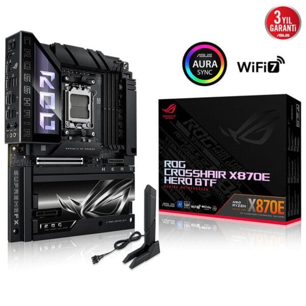 Yüksek performanslı gaming anakart ve AMD Ryzen X870E işlemciyle güçlü oyun deneyimi, WiFi 6 ve Aura Sync RGB aydınlatma özellikleri ile ASUS ROG Crosshair X870E Hero BTF.