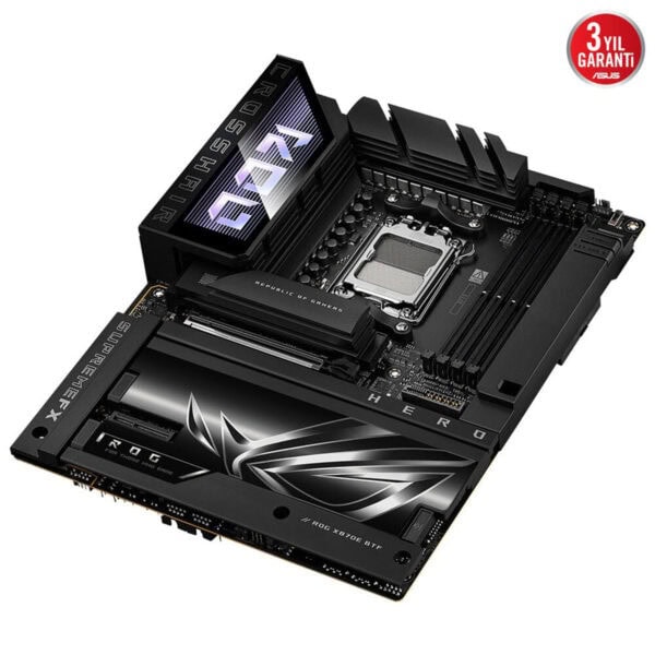 Güçlü oyuncu anakartı, ASUS ROG X870E BTF model, yüksek performans ve gelişmiş soğutma özellikleriyle oyun tutkunları için tasarlandı. Siyah renkli, LED aydınlatmalı tasarım, yüksek hızda veri iletimi sağlar.