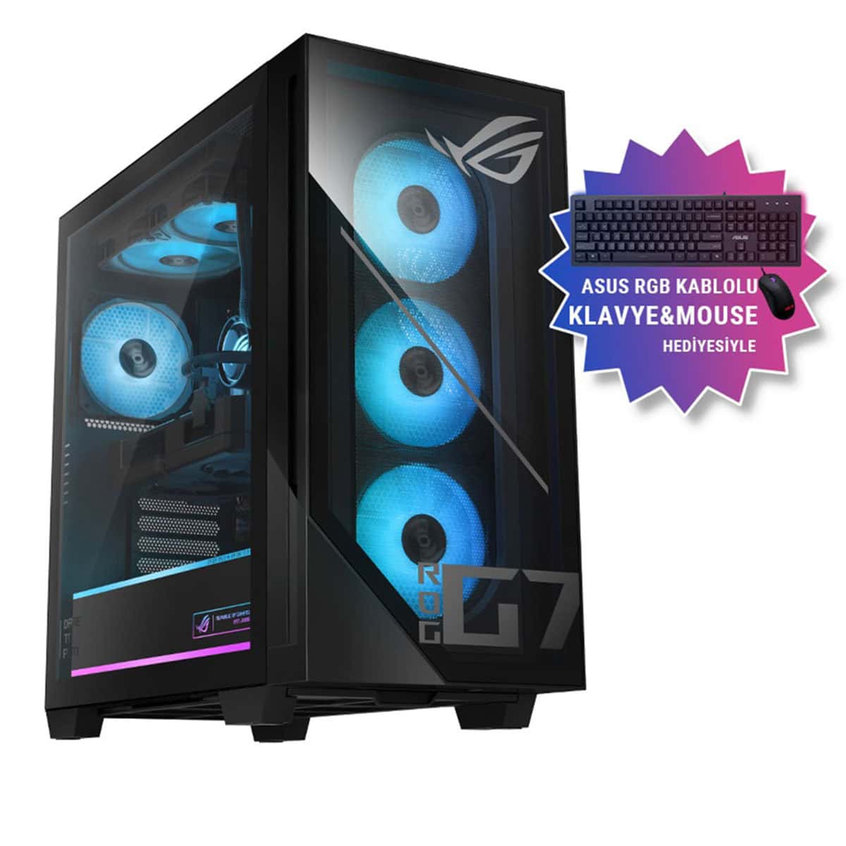 Yüksek performanslı oyun bilgisayarı ve RGB Aydınlatmalı fanlar, şık kasa ve ASUS RGB kablolu klavye ve mouse hediye seçeneği ile gaming deneyimini artırır.