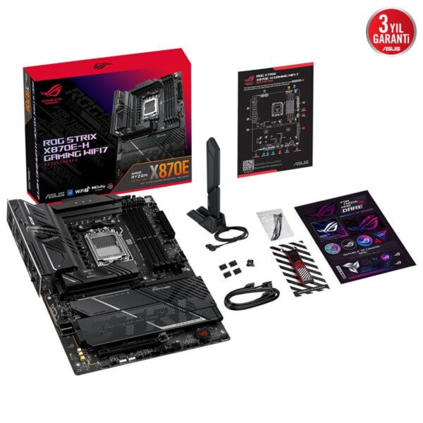 Yüksek performanslı ASUS ROG Strix X870-E-H Gaming WiFi 7 anakartı, AMD Ryzen işlemciler ve gelişmiş bağlantı özellikleri ile oyun ve yüksek teknoloji gerektiren uygulamalar için tasarlanmıştır. Paket içeriğinde kurulum kılavuzu, WiFi antenleri ve çeşitli montaj malzemeleri bulunmaktadır. Modern tasarımı ve güçlü donanım özellikleri ile oyun deneyimini maksimum seviyeye çıkarır.