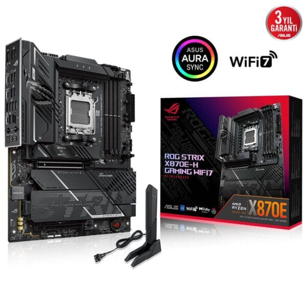 Yüksek performanslı Asus ROG Strix X870E-H Gaming Anakart ve kutu, WiFi 6 ve Aura Sync desteği ile oyun deneyimini artırır, güçlü işlemci ve gelişmiş bağlantı seçenekleri sunar.
