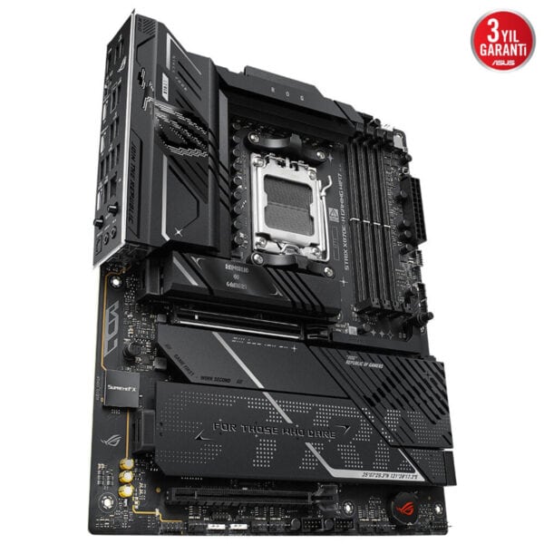 Yüksek performanslı oyun anakartı, ASUS ROG Strix X670E-H Gaming, güç ve hız sunar, ileri seviye soğutma özellikleri ile oyun ve overclock için ideal, RGB aydınlatmalı tasarım, 3 yıl garanti içerir.