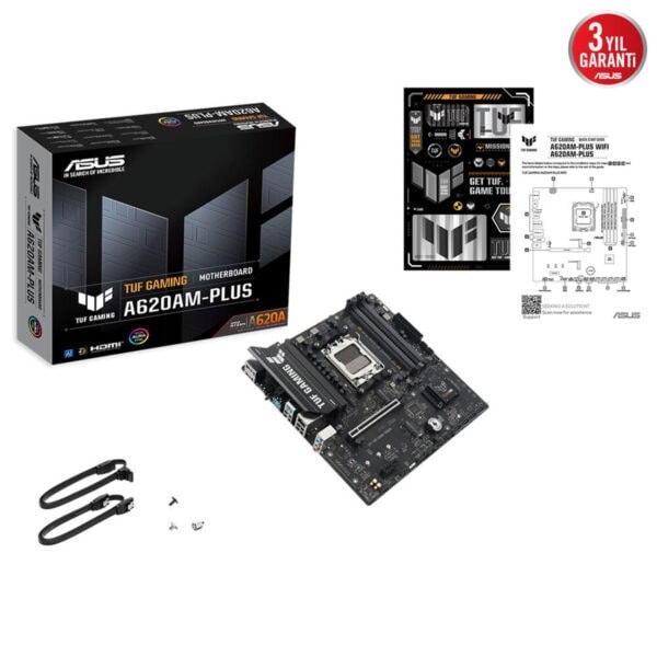Güzel ve modern ASUS TUF Gaming A620AM-PLUS anaKart ve kutusu, yüksek performanslı ve dayanıklı oyun bilgisayarı bileşeni. Dekoratif ve fonksiyonel tasarımı ile oyuncuların ilgisini çekiyor.
