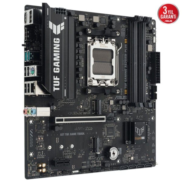 Yüksek performanslı gaming anakart, AMD Ryzen işlemci uyumlu, ASUS TUF Gaming A620M Plus modeli, dayanıklı ve üst düzey oyun deneyimi sağlar.