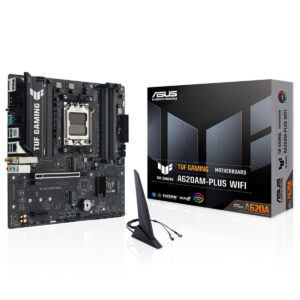 Yüksek kaliteli ASUS TUF Gaming A620AM-PLUS WiFi anakart ve uyumlu anteni, güçlü performans ve kablosuz bağlantı özellikleriyle oyun tutkunları için ideal.