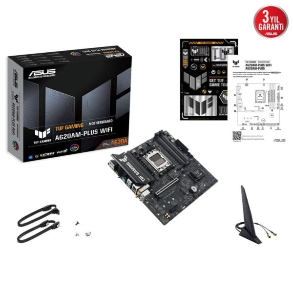 Yüksek kaliteli Asus TUF Gaming A620AM-Plus WiFi ana kartı, güçlü performans ve stabil bağlantı için ideal; gaming ve profesyonel kullanımlar için optimize edilmiştir.