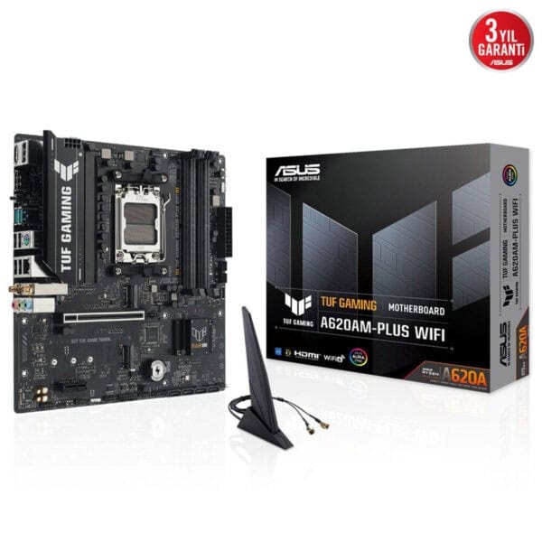 Yüksek performanslı ASUS TUF Gaming A620AM-PLUS WiFi anakart, DDR5 uyumu ve çoklu bağlantı seçenekleri ile oyun ve profesyonel kullanım için ideal, dayanıklı ve stabil güvenli sistemler sağlar.