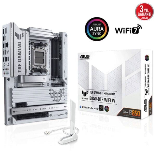 Yüksek kaliteli Asus TUF Gaming B850-BTF WiFi W anakart ve uyumlu kablosuz anten, oyun ve performans odaklı, 3 yıllık garanti ile profesyonel gaming donanımı, yüksek hızda WiFi bağlantısı, dayanıklı ve şık tasarım.