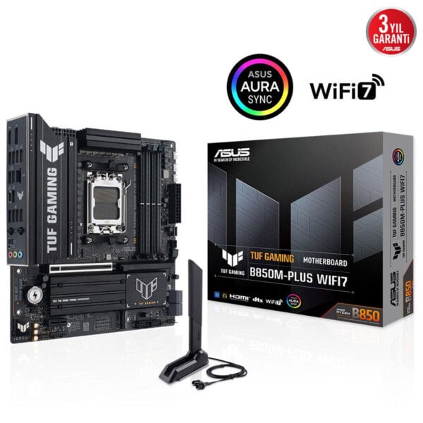 Yüksek performanslı ASUS TUF Gaming B850M-PLUS WiFi 7 anakart, RGB uyumlu, HDMI ve dts destekli, WiFi 7 özelliği ile üstün oyun ve çoklu görev deneyimi sağlar.