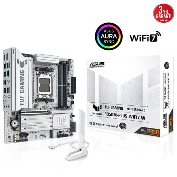 Yüksek performanslı ASUS B850M-PLUS WiFi 6 anakart ve uyumlu WiFi anteni, ışıklandırmalı Aura Sync RGB, HDMI ve dts desteği ile oyun ve multimedya deneyimini artırır.