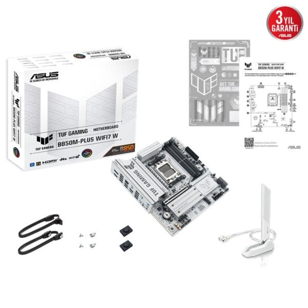 Yüksek kaliteli ASUS TUF Gaming B850M-Plus WiFi 7 Anakart, oyun ve yüksek performanslı bilgisayar sistemleri için mükemmel uyum sağlar, WiFi 7 desteği ve dayanıklı tasarımıyla öne çıkar.