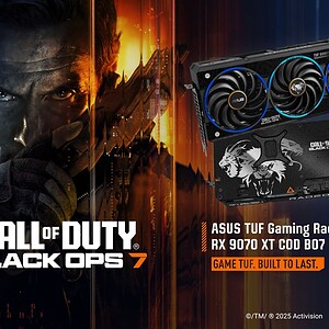 Yüksek performanslı ASUS TUF Gaming Radeon RX 9070 XT ekran kartı ve Call of Duty Black Ops 7 oyunu görseli, yeni nesil oyun donanımı ve grafik teknolojilerini vurgular.