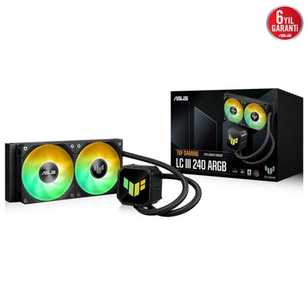 RGB aydınlatmalı ASUS TUF Gaming LC III 240 ARGB sıvı CPU soğutucu, yüksek performans ve şık tasarım, oyun ve Windows kullanıcılarına uygun, 6 yıl garanti ile dayanıklı ve kaliteli bilgisayar donanımı.