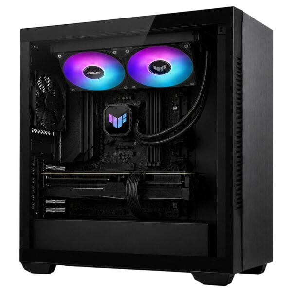 ASUS TUF Gaming LC III 240 ARGB 240mm sıvı soğutucu, şeffaf kasa içinde, RGB aydınlatmalı fanlar ve yüksek performanslı soğutma özellikleriyle dikkat çekiyor.