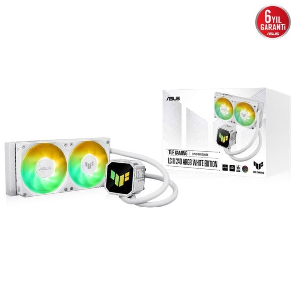 Yüksek performanslı ASUS TUF Gaming LC III 240 ARGB White Edition sıvı CPU soğutucu, RGB aydınlatmalı fanlar ve şık beyaz tasarım ile oyun ve müzik tutkunlarına özel tasarım.