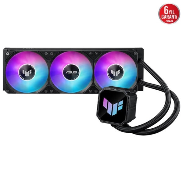 Yüksek performanslı ASUS sıvı soğutucu CPU soğutucu, RGB aydınlatmalı fanlı ve dijital ekranlı, oyun ve bilgisayar sistemleri için ideal, uzun ömürlü ve düşük gürültülü soğutma çözümü.