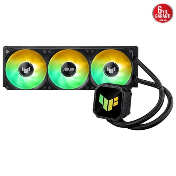 Yüksek performanslı ASUS sıvı soğutma sistemi, RGB aydınlatmalı fanlar ve dijital ekran, gaming ve overclock uygulamaları için tasarlanmış, dayanıklı ve şık tasarım.