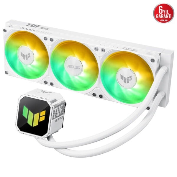 Hava soğutmalı bilgisayar işlemci su soğutucu, beyaz renkli ve RGB aydınlatmalı, ASUS ve TUF markalı, yüksek performanslı gaming soğutma çözümü.