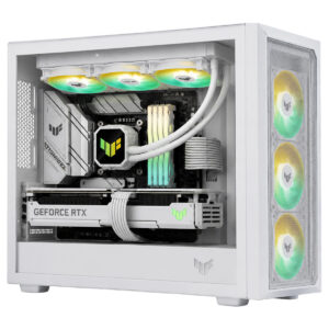 Beyaz kasada RGB aydınlatmalı fanlar ve yüksek performanslı bileşenler, şık ve modern tasarım.