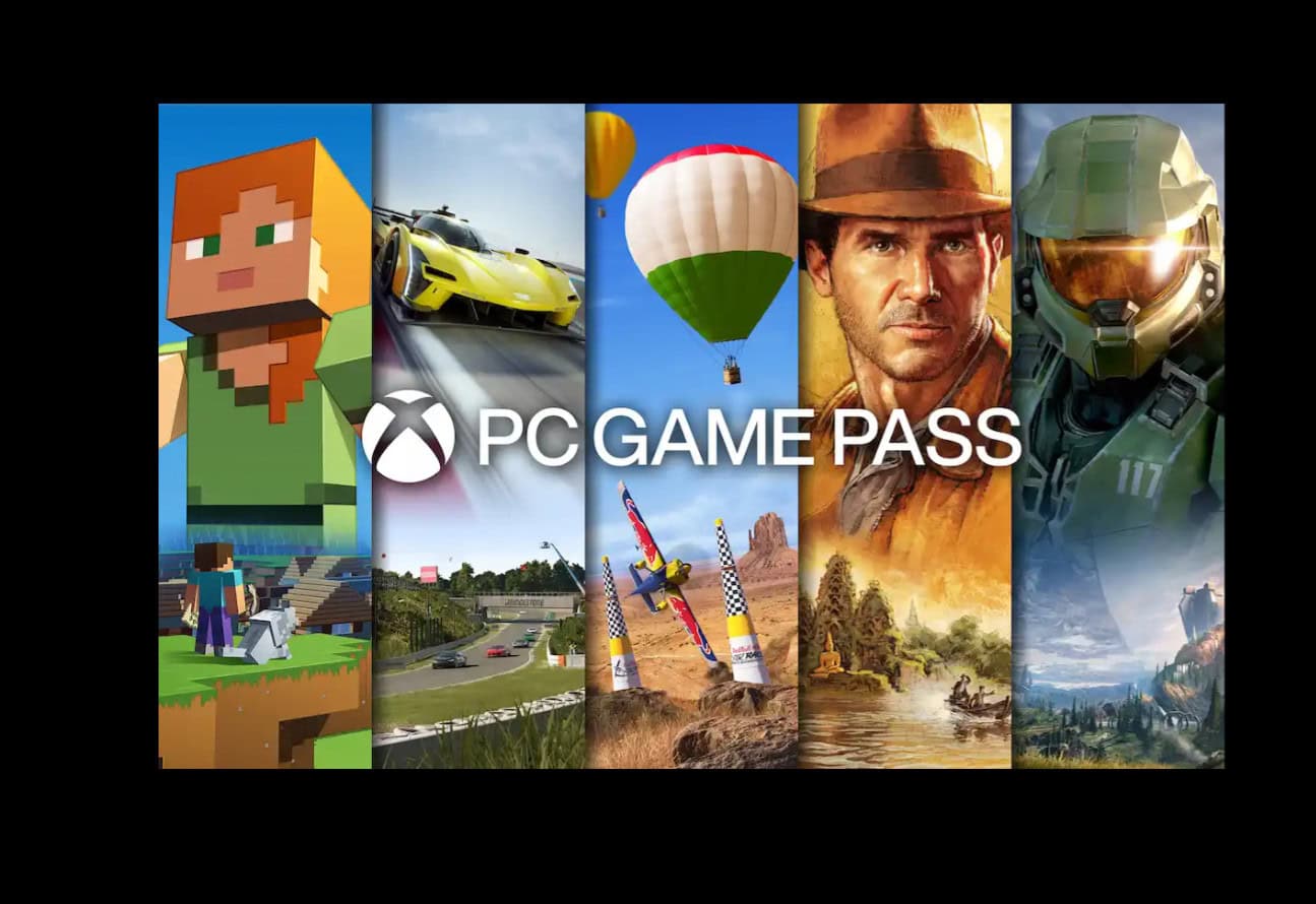 Oyuncu karakterleri ve çeşitli popüler video oyunları görselleriyle PC Game Pass tanıtımı, hızlı ve çeşitli oyun seçenekleri, Xbox XboxPC uyumu ve yepyeni oyun içerikleri.