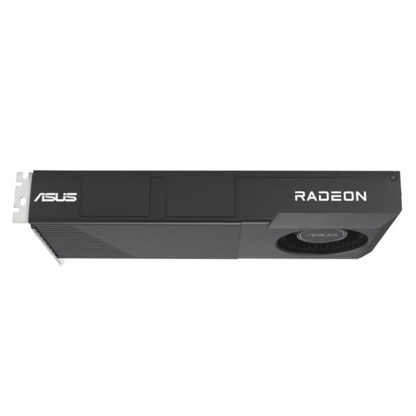 Görüntüde ASUS Radeon ekran kartı, yüksek performanslı grafik kartı, oyun ve tasarım için ideal, siyah renkli, modern tasarımlı, bilgisayar donanımı.