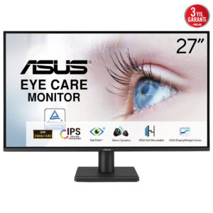 Yüksek çözünürlüklü ASUS 27 inç oyun ve ofis monitörü, göz koruması ve geniş görüş açılarıyla net görüntüler sağlar. Tilt, VESA montaj ve stereo hoparlör özellikleri bulunur.