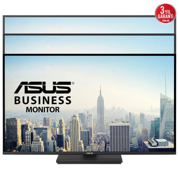 Görüntülenen ASUS iş monitörü ile büyük şehir manzarası, yüksek çözünürlük ve modern tasarım. Çeşitli boyutlarda ve konturlarda, profesyonel ve ofis kullanımı için ideal.