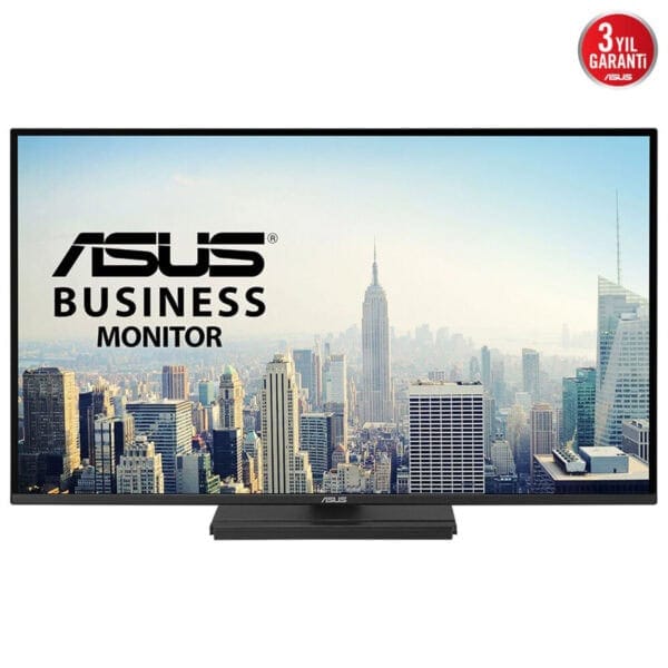Yüksek çözünürlüklü Asus İşletme Monitörü ile modern şehir manzarası, geniş ekran ve açık renk tonları, ofis çalışma ortamları ve profesyonel grafik tasarım için uygun.