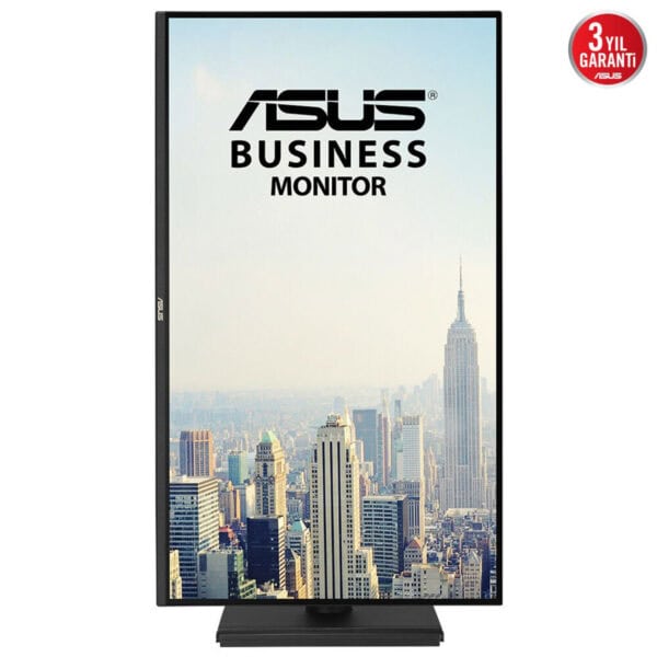 Yüksek çözünürlüklü Asus iş monitörü, şehir manzarası ve Empire State Building ile modern ve şık tasarım, ofis ve gamer kullanımı için ideal.