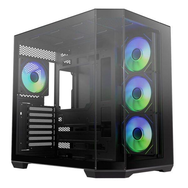 Yüksek performanslı gaming kasası içi RGB aydınlatmalı soğutucu fanlar ile şık ve etkileyici tasarım, gelişmiş hava akışı ve soğutma özellikleriyle oyun bilgisayarı kurulumuna uygun.