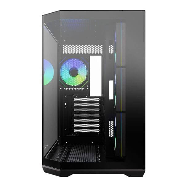 RGB ışıklı gaming bilgisayar kasası, şeffaf panel ve yüksek performanslı soğutma sistemi ile ideal oyun bilgisayarı tasarımı.