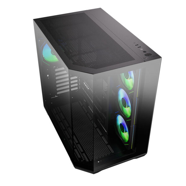 Yüksek performanslı gaming PC kasa, RGB aydınlatmalı soğutucu fanlar ve şeffaf cam panel ile güçlü oyun bilgisayarı kurulumları için ideal.