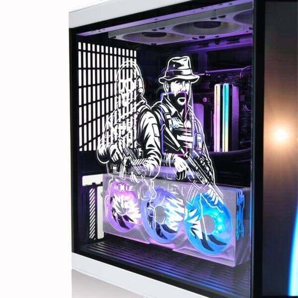 Suçlu ve polis temalı aydınlatmalı gaming bilgisayar kasası, neon renkler ve ışık efektleriyle yüksek performanslı oyun bilgisayarı tasarımı, açık yan panel, RGB soğutucu fanlar, yüksek kalite gaming donanımı.