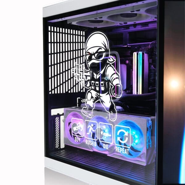 Dijital oyun temalı bilgisayar kasası, renkli LED aydınlatmalı fanlar ve oyun dekorlarıyla donatılmış, yüksek performanslı gaming PC sistemi.