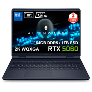 Yüksek performanslı Alienware gaming dizüstü bilgisayarı, RTX 5060 ekran kartı, 64GB RAM, 1TB SSD ve 16 inç ekran ile en yeni oyunları sorunsuz oynama imkanı sunar.