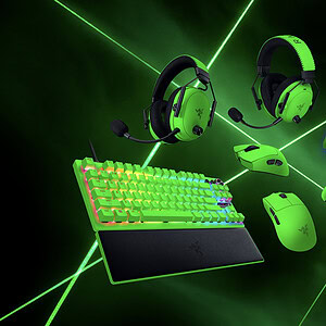 Yüksek performanslı gaming ekipmanları, Razer markalı kablosuz kulaklıklar, klavye, fare ve kontrolcülerin yeşil renkli versiyonları, oyuncu teknolojisi, RGB aydınlatmalı ürünler, oyun aksesuarları.