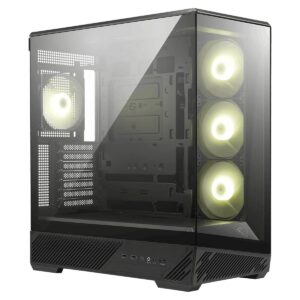Gelişmiş gaming kasası, üç adet aydınlatmalı fan ve şeffaf cam panel ile modern tasarım.