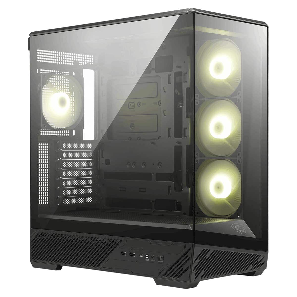 Gelişmiş gaming kasası, üç adet aydınlatmalı fan ve şeffaf cam panel ile modern tasarım.