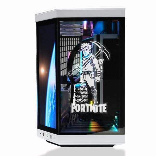 Gelişmiş gaming PC kasası, RGB aydınlatmalı iç donanım ve Fortnite temalı şık tasarım ile yüksek performans ve görsel efektler sunar.