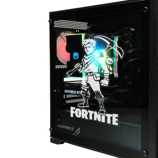 Oyuncu bilgisayarı iç tasarımı ve Fortnite sticker'ı ile donatılmış şık bir oyun bilgisayarı, yüksek performanslı ekran kartı ve LED aydınlatmalı iç bileşenler.
