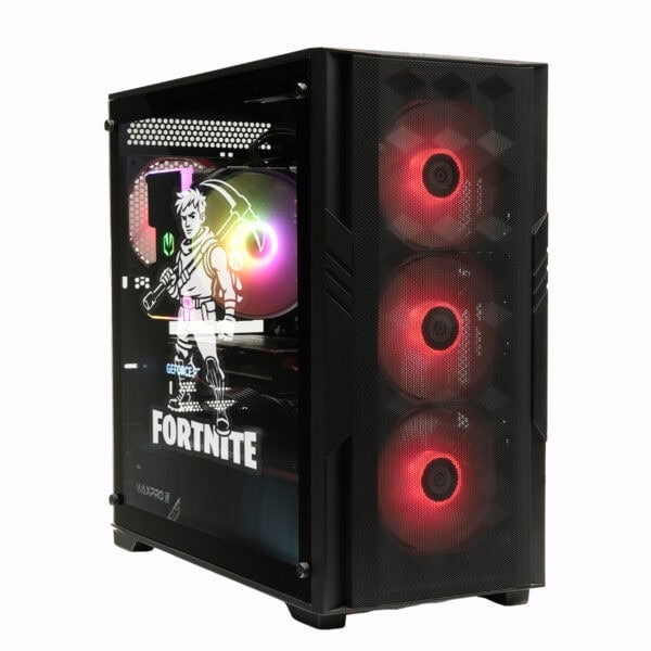 Yüksek performanslı gaming bilgisayar kasası içinde Fortnite logosu ve renkli LED aydınlatma.