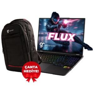 Yüksek performanslı gaming laptop ve sırt çantası seti, LED aydınlatmalı klavye ve oyuncu aksesuarlarıyla, Flux oyun adlı indie oyunu paketi, hediye çanta promosyonu ile, oyun tutkunları için ideal.