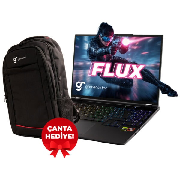 Yüksek performanslı gaming dizüstü bilgisayar ve oyun çantası, renkli klavye ve oyun aksesuarlarıyla güçlendirilmiş, Flux oyunu ve gaming ekipmanlarıyla tamamlanmış, kaliteli ve taşınabilir set.
